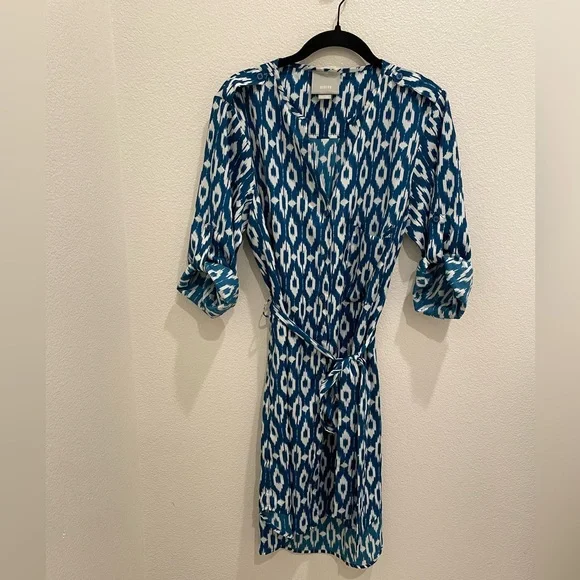 Maeve Anthropologie Ikat Print Shirt Dress Medium Blue White Belted - Picture 2 of 10